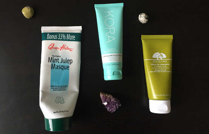 My three favourite products for multimasking: Queen Helene Mint Julep Masque, Kora Organics Exfoliating Mask & Origen Drink Up Intensive Overnight Mask.